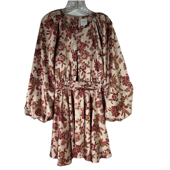 Misa Los Angeles Kara Dress Falling Floral Satin Mini Dress Sz S Ruched Cut-Out - Picture 5 of 16
